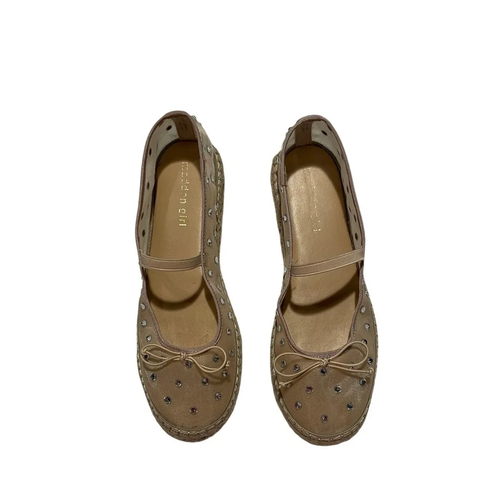 Madden Girl Rhinestone Mesh Espadrille Ballet Flats Tan Mary Jane JULY-R Size 9M